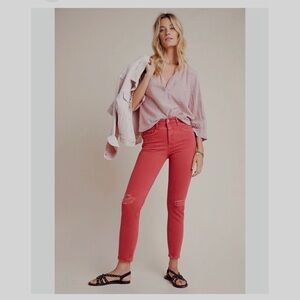 ANTHROPOLOGIE PILCRO AND LETTERPRESS HIGH-RISE SLIM DISTRESSED CORAL JEANS